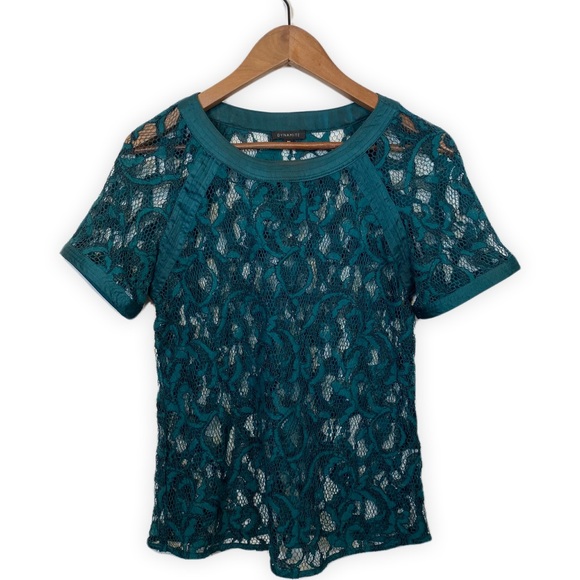 ^^HOST PICK^^ Teal Lace Overlay Blouse Sexy See Through • Size S - Picture 2 of 7